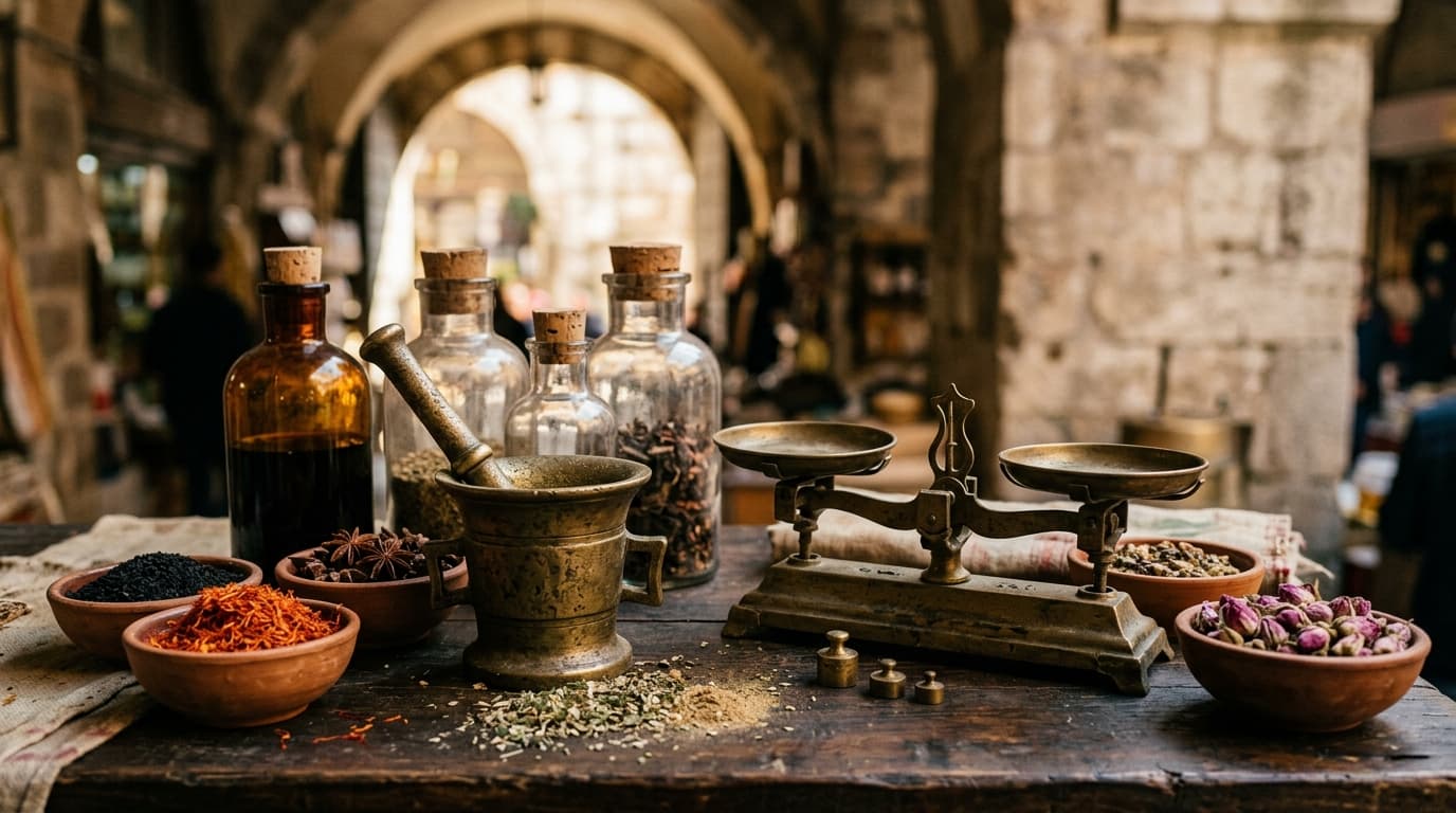 Traditionelle osmanische Aktar-Werkzeuge: Messingwaage, Bronzemörser, getrocknete Kräuter und reine Gläser