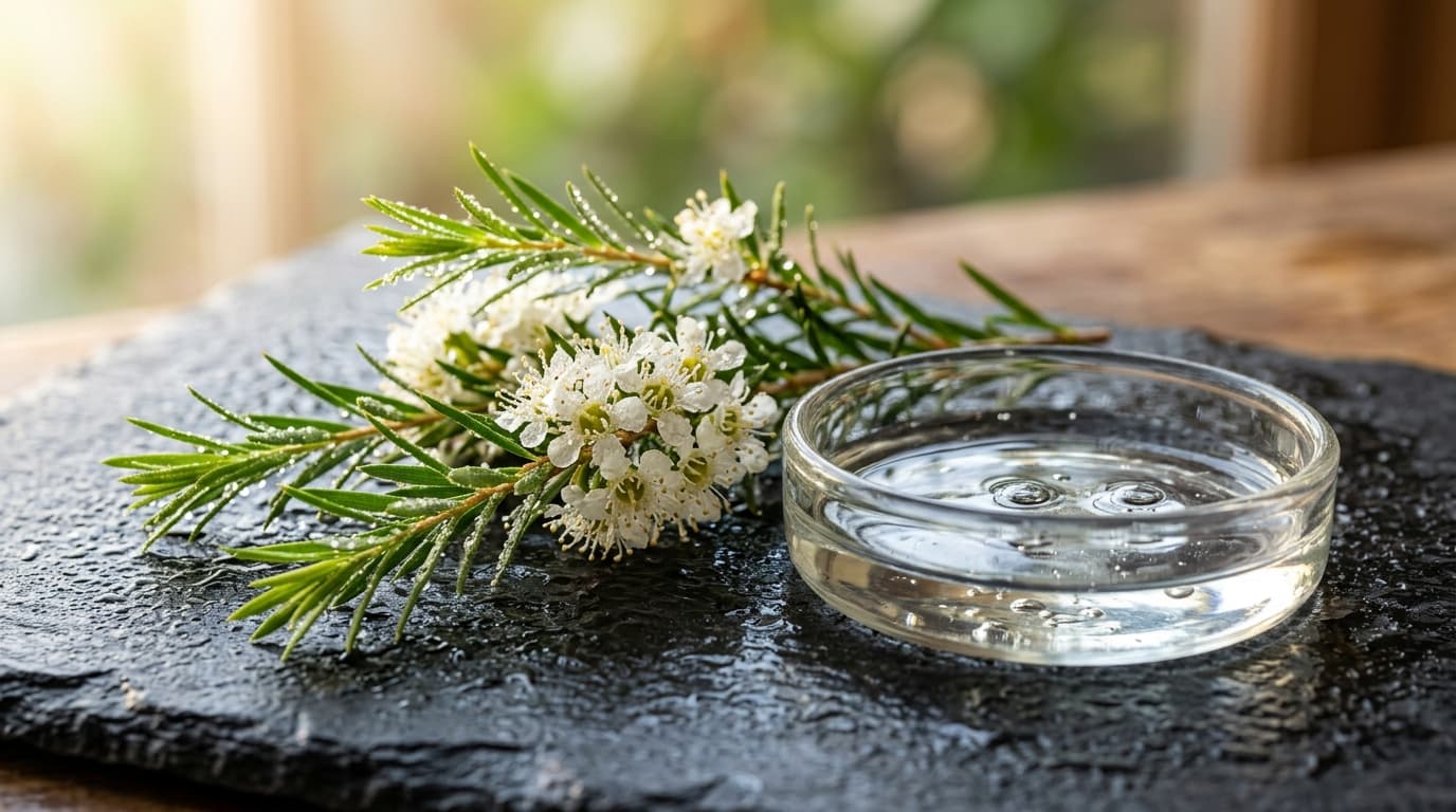 Frische Teebaumblätter mit Morgentau und naturreines ätherisches Öl