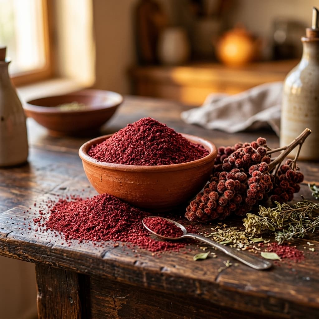 Rubinroter gemahlener Sumach mit wilden Beeren