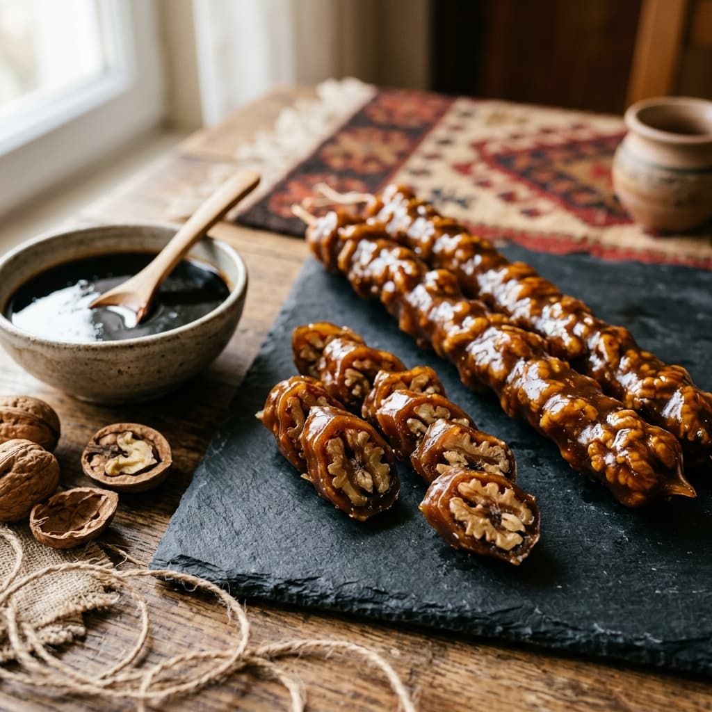 Traditionelle Cevizli Sucuk Walnuss-Stränge und getrocknetes Fruchtleder Pestil