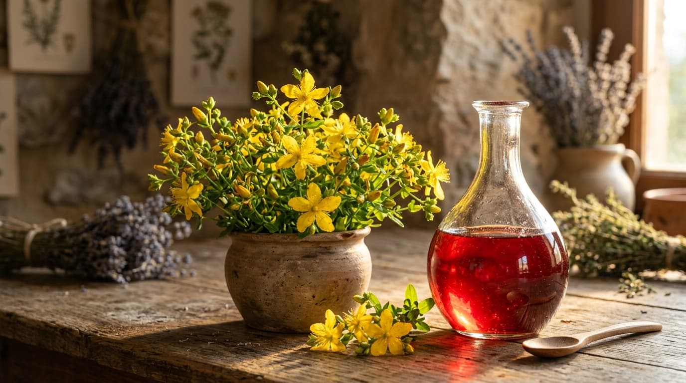 Gelbe Johanniskraut-Blüten und sonnenmazeriertes rubinrotes Sari Kantaron Öl