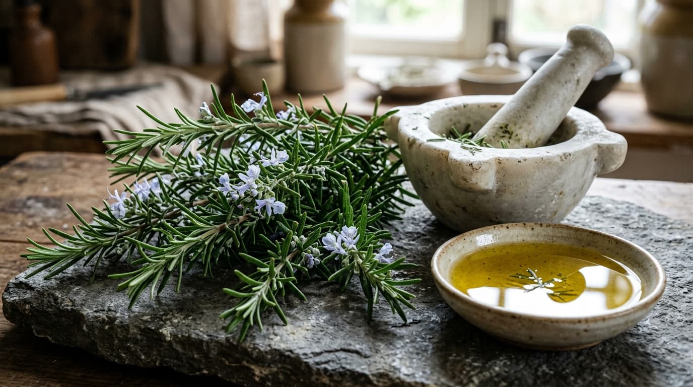 Wilder Rosmarinzweig und naturreines Kräuteröl im Mörser