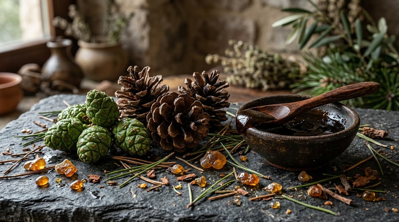 Frische Zypressen- und Tannenzapfen mit naturbelassenem Harz und traditioneller Kräuterpaste