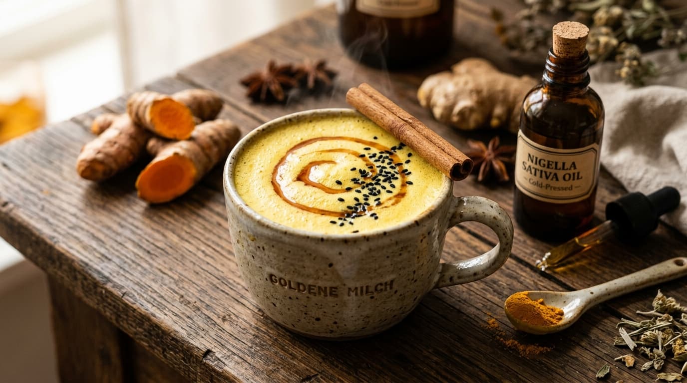 Goldene Kurkuma Milch mit Schwarzkümmelöl, Milchschaum, Zimtstange und Gewürzen