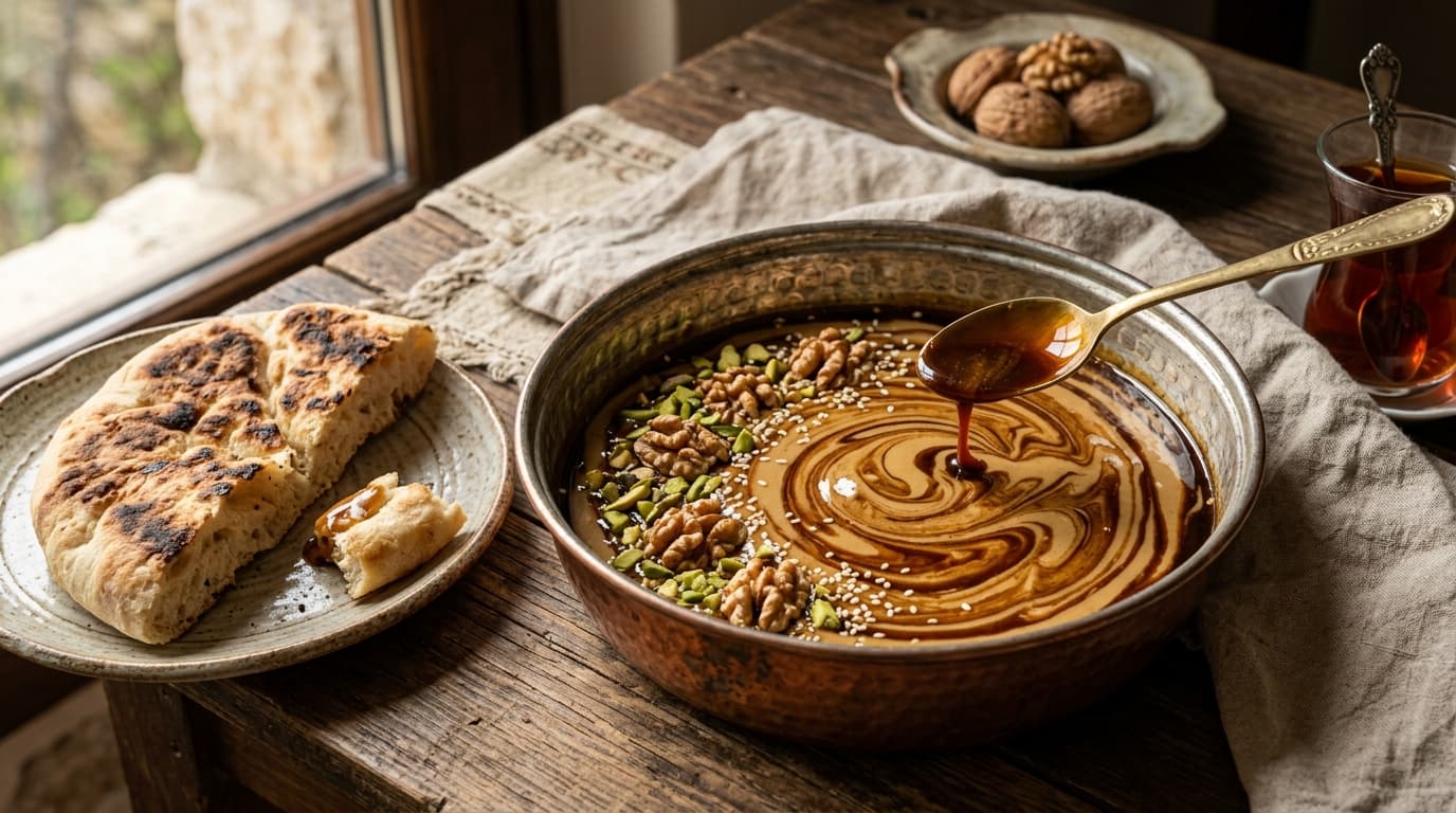 Marmorierte Pekmez und Tahini Schale mit Walnüssen, Pistazien und Fladenbrot