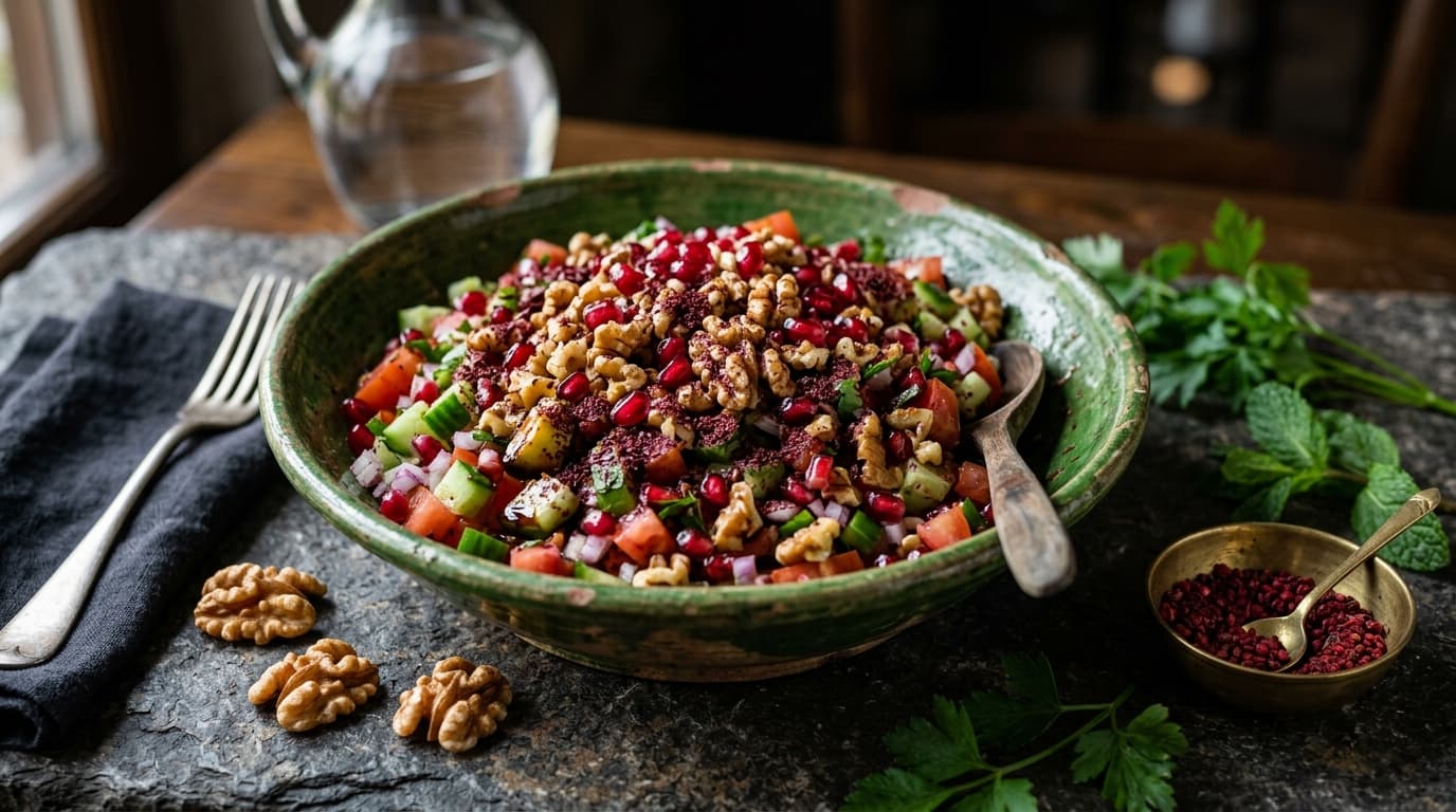 Gavurdagi Hirtensalat mit Tomaten, Gurken, vielen Walnüssen, Granatapfelkernen und rotem Sumach