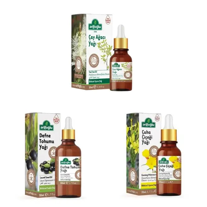 Haut- und Haarpflege Premium Set - Teebaumöl + Nachtkerzenöl + Lorbeerkernöl